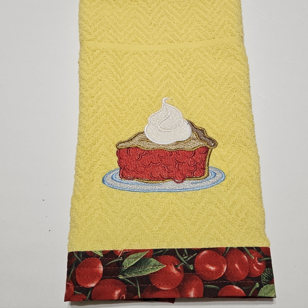 HAND CRAFTED embroidered KITCHEN TOWEL cherries cherry pie dish